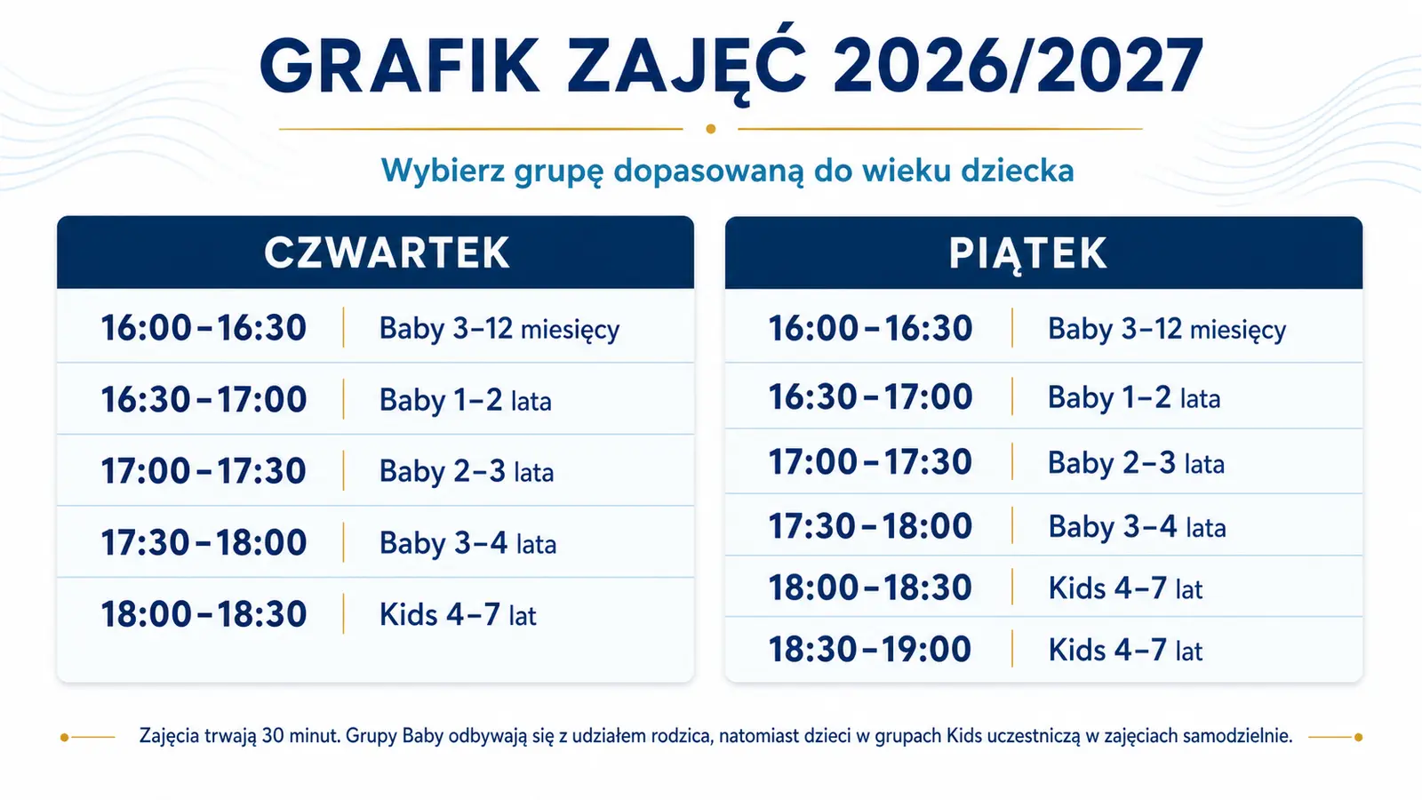Grafik zajęć 2026/2027 — godziny grup Baby i Kids w czwartki i piątki