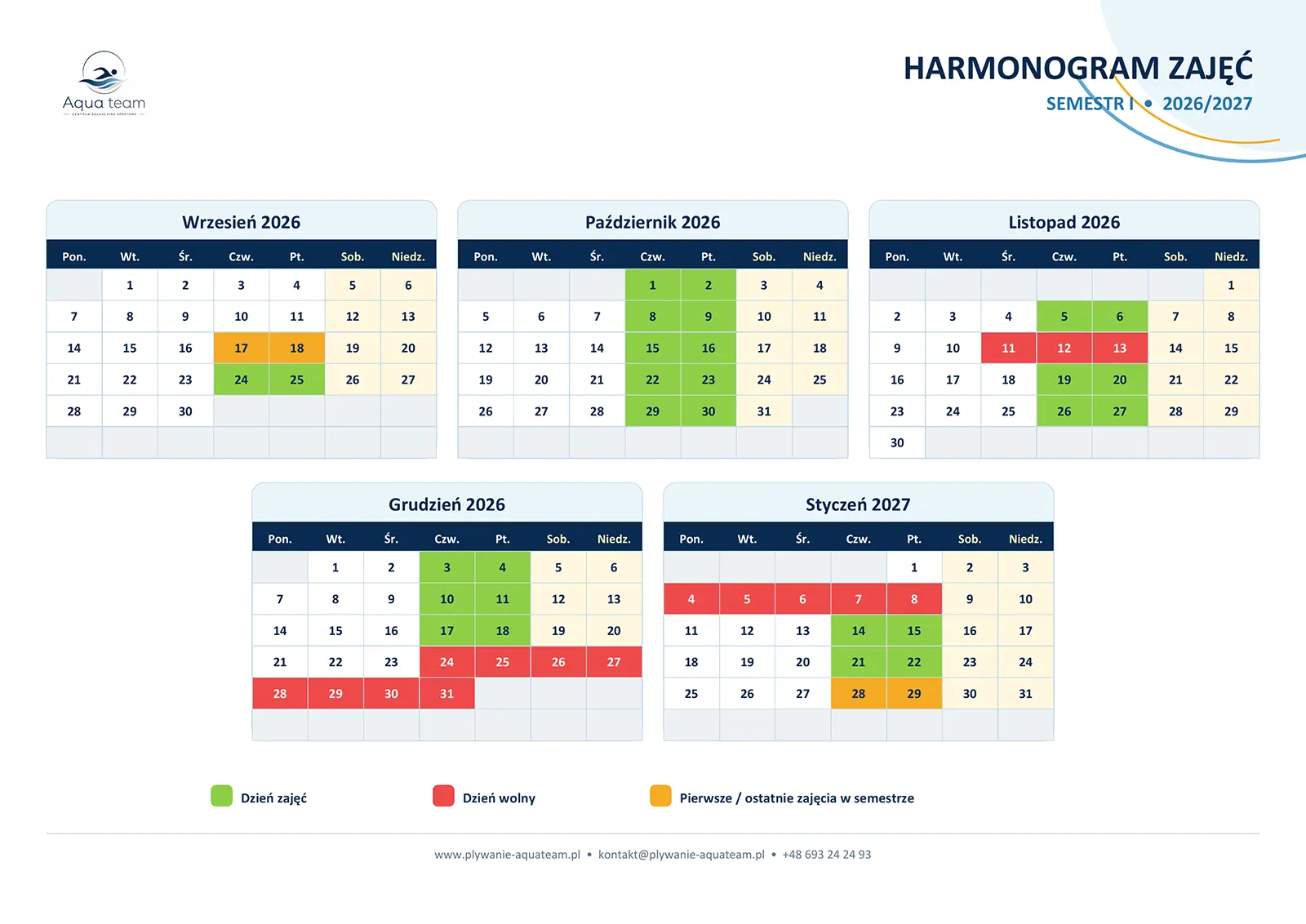 Harmonogram zajęć semestr I 2026/2027 — kalendarz dni zajęć i dni wolnych